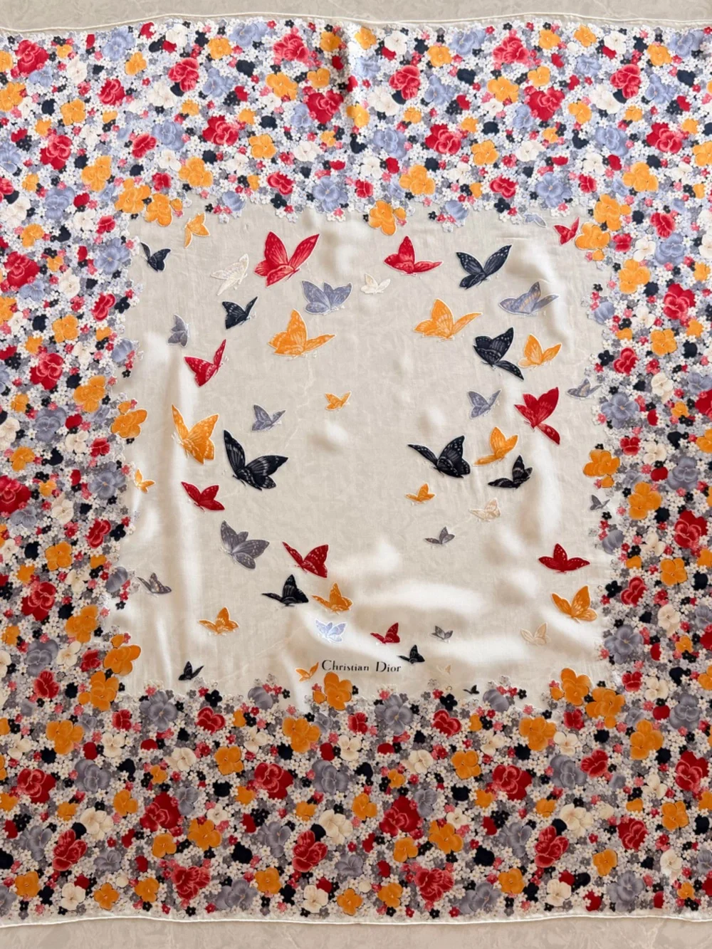 Christian Dior Sheer Silk Floral Scarf w/ Appliqué Border